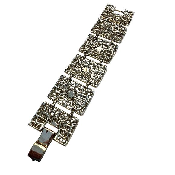 Vintage 1970's bracelet wide silvertone filigree panels mod chunky chain link - Picture 3 of 6
